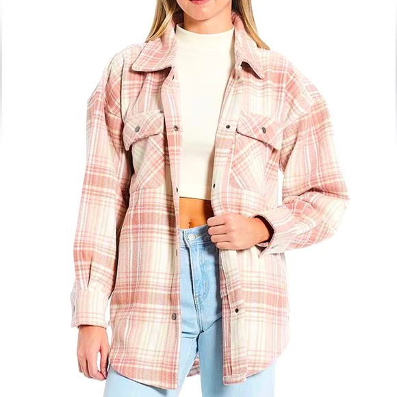 fornia Jackets & Blazers - New FORNIA Womens Cream Mauve Pink Plaid Super Soft Oversized Shacket Size XS